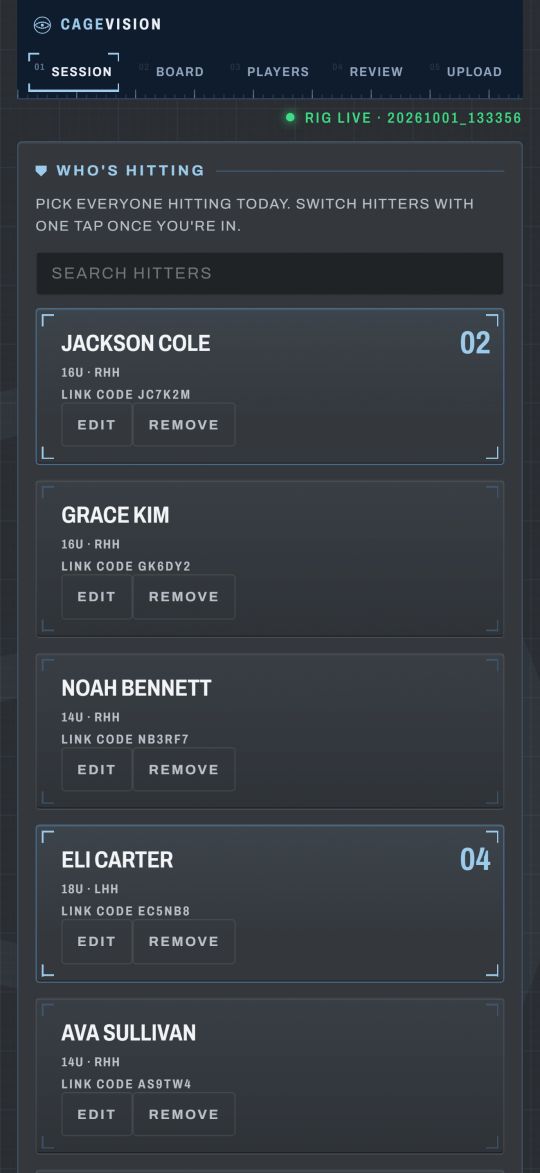 Session screen: pick who is hitting today