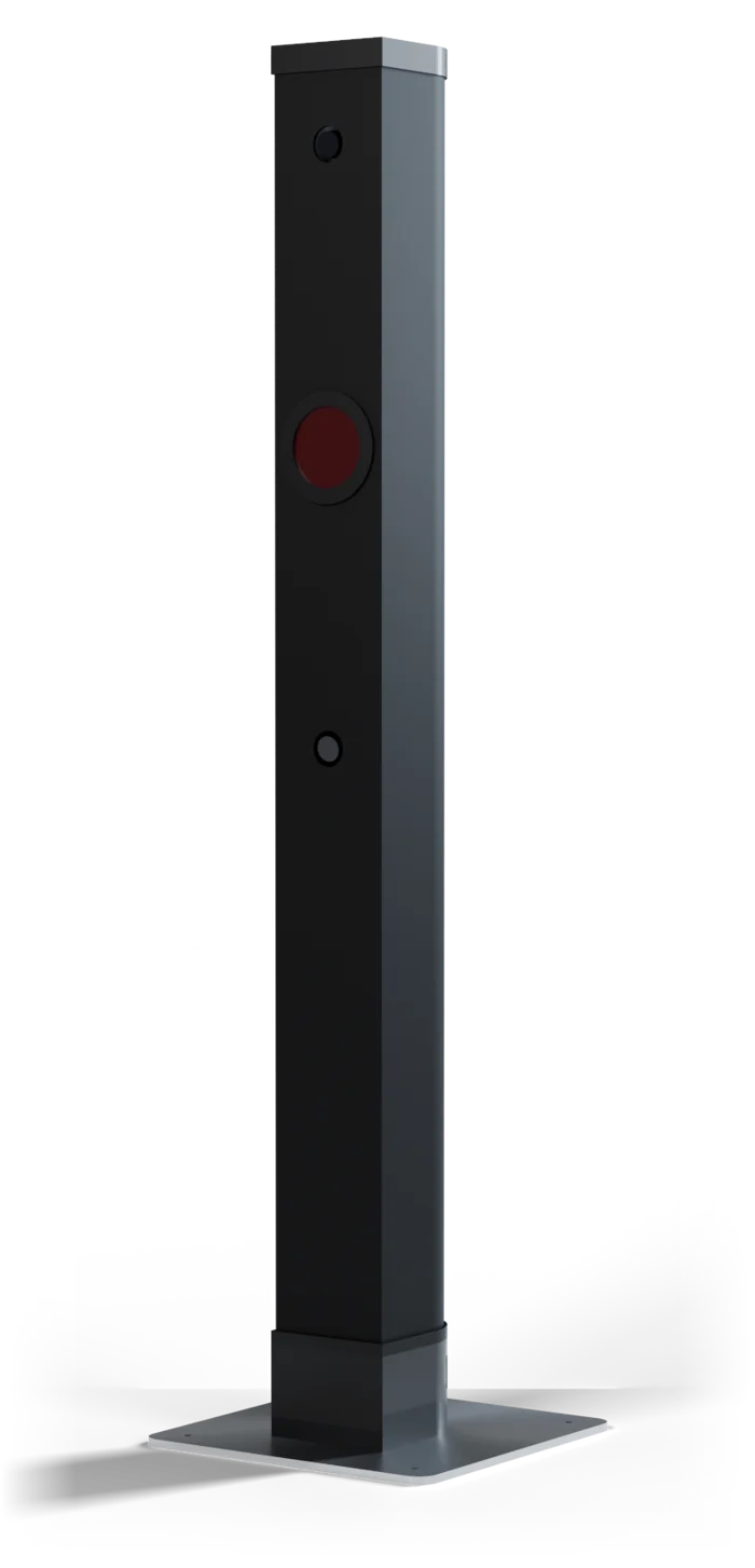 The CageVision unit: a black column on a square steel base, with two camera windows and an infrared light on the front